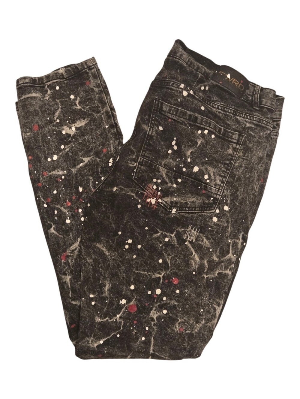 FWRD Denim Black Acid Wash White Red Paint Splatter Distressed Jeans 42